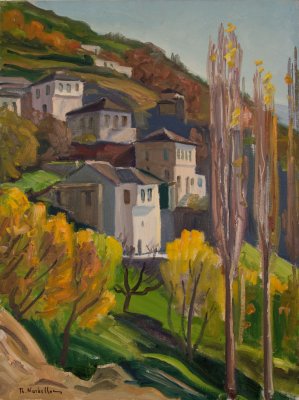 Makrinitsa, View Upward — Oil painting, Canvas, 46.00×61.00cm — Theodoros Markellos